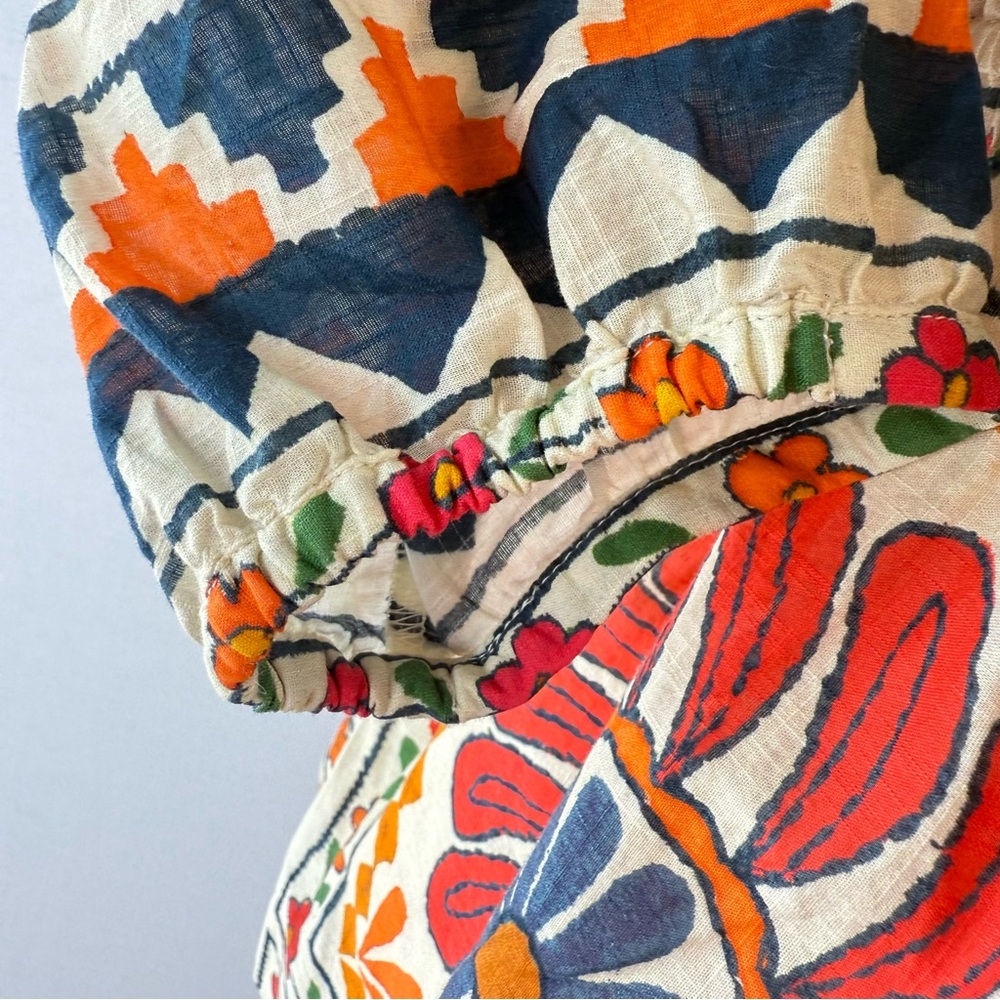 Sundance Zariah Orange Blue Cream Beaded Floral Print Blouse - Picture 8 of 16